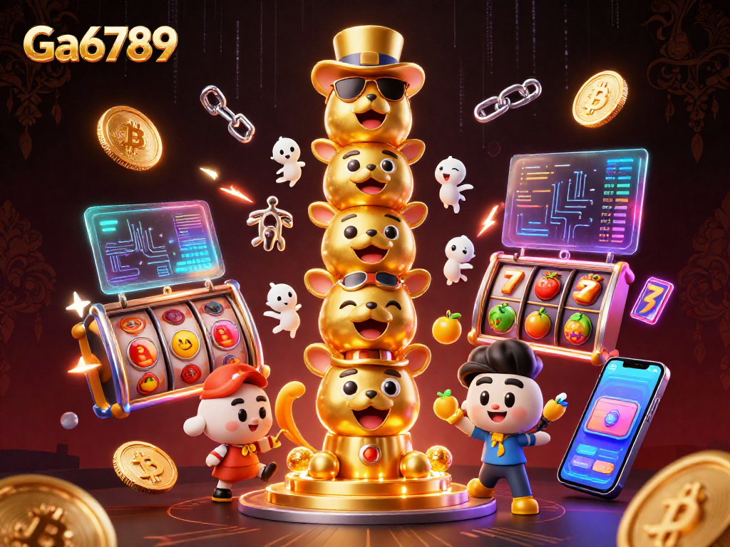 Engage with Ga6789 through a vibrant scene of a golden totem pole surrounded by slot elements and crypto coins.