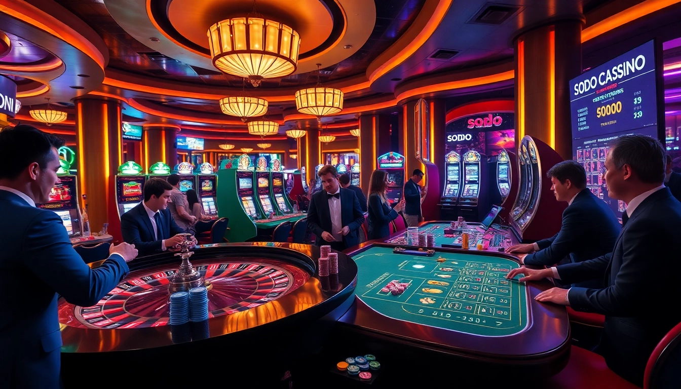 SODO CASINO players engaging in high-stakes poker surrounded by vibrant games and betting options.