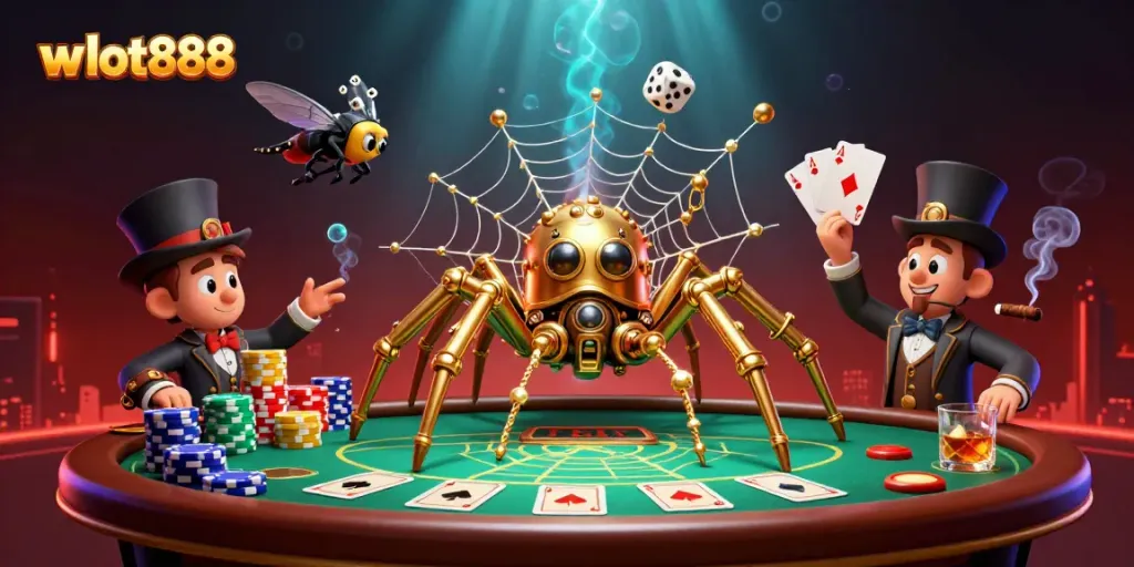 Permainan wslot888 dengan ulat laba-laba steampunk dan dadu sial dalam ilustrasi 3D.