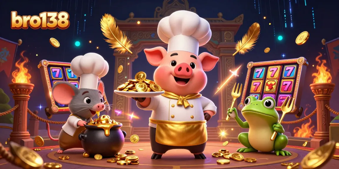Bro138 menampilkan ilustrasi kasino warna-warni dengan chef, mouse, dan katak menghadirkan nuansa perjudian.