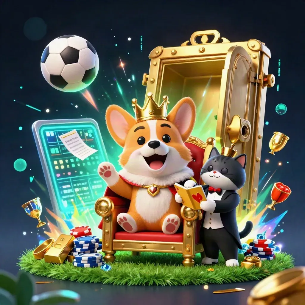 Crowned corgi and cat butler amid exploding gold, sports balls, and neon casino magic on dark navy