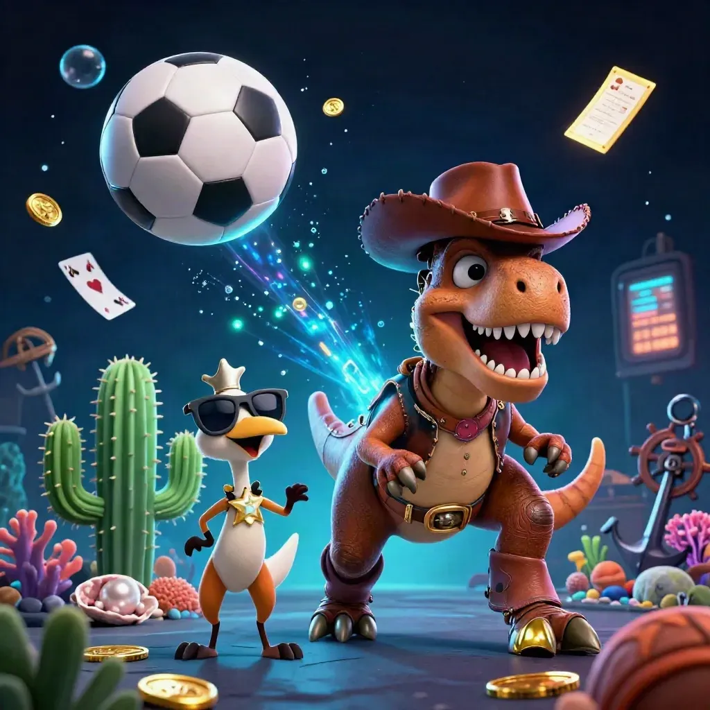 Cowboy T-Rex, cactus and roadrunner amid gold coins, coral, balls and neon casino energy.