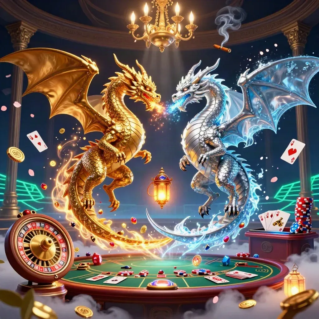 Gold and silver dragons spiral amid casino lights, coins, cards and a glowing lantern spirit.