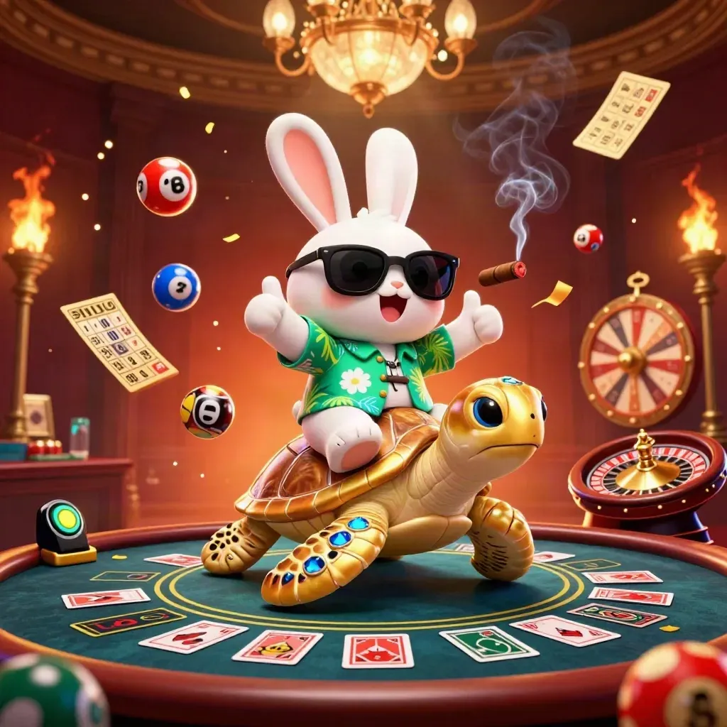 Lucky rabbit on golden sea turtle in a fiery casino scene with spinning game elements and gold glow
