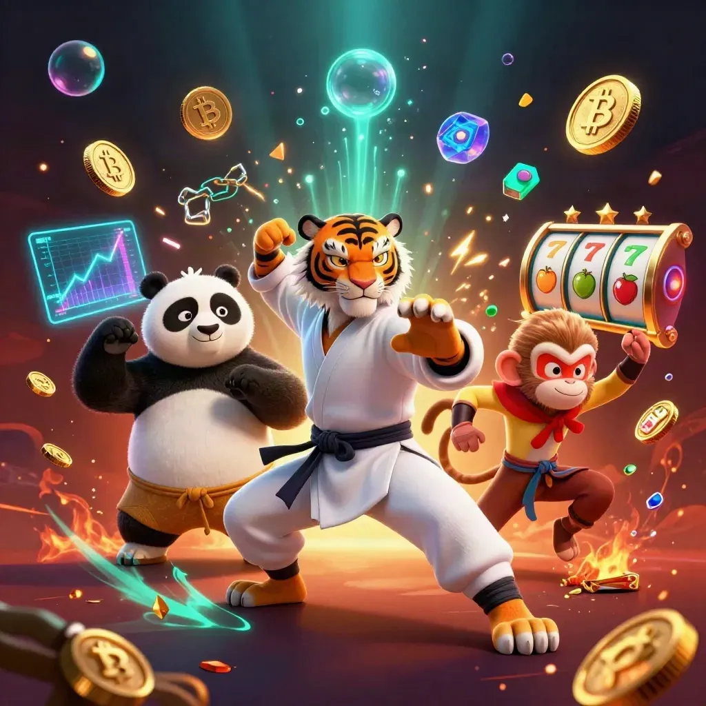 Tiger master, panda disciple, and monkey student burst with crypto coins and casino effects.