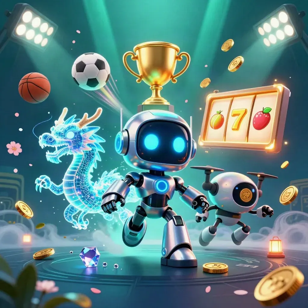Cyberpunk robot, holographic dragon, and coin drone amid sports balls, coins, and glowing slot effects