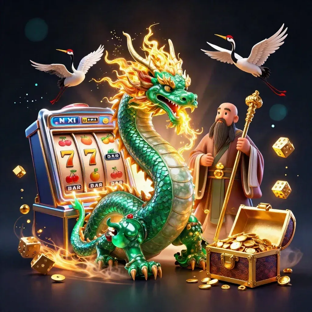 Emerald dragon, turtle sage, and cranes amid casino bursts, gold, and neon light.