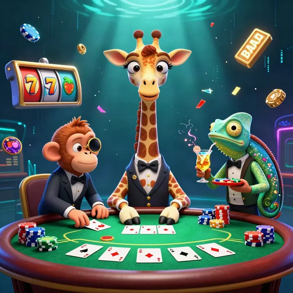 Neon casino giraffe, monkey valet, and chameleon bartender around poker chips and glowing cards.