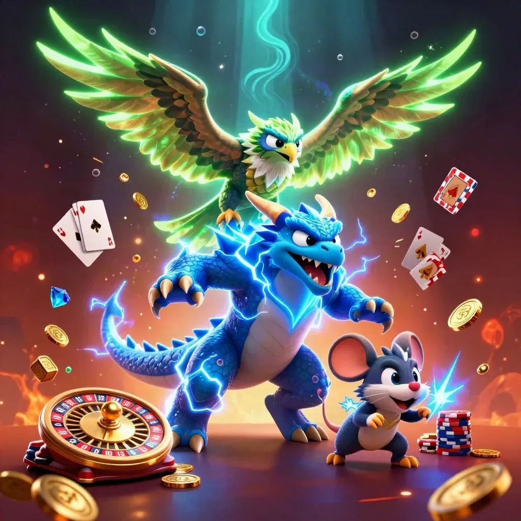 Thunder dragon, wind hawk, and static mouse amid coins, chips, cards, lightning, and casino glow.