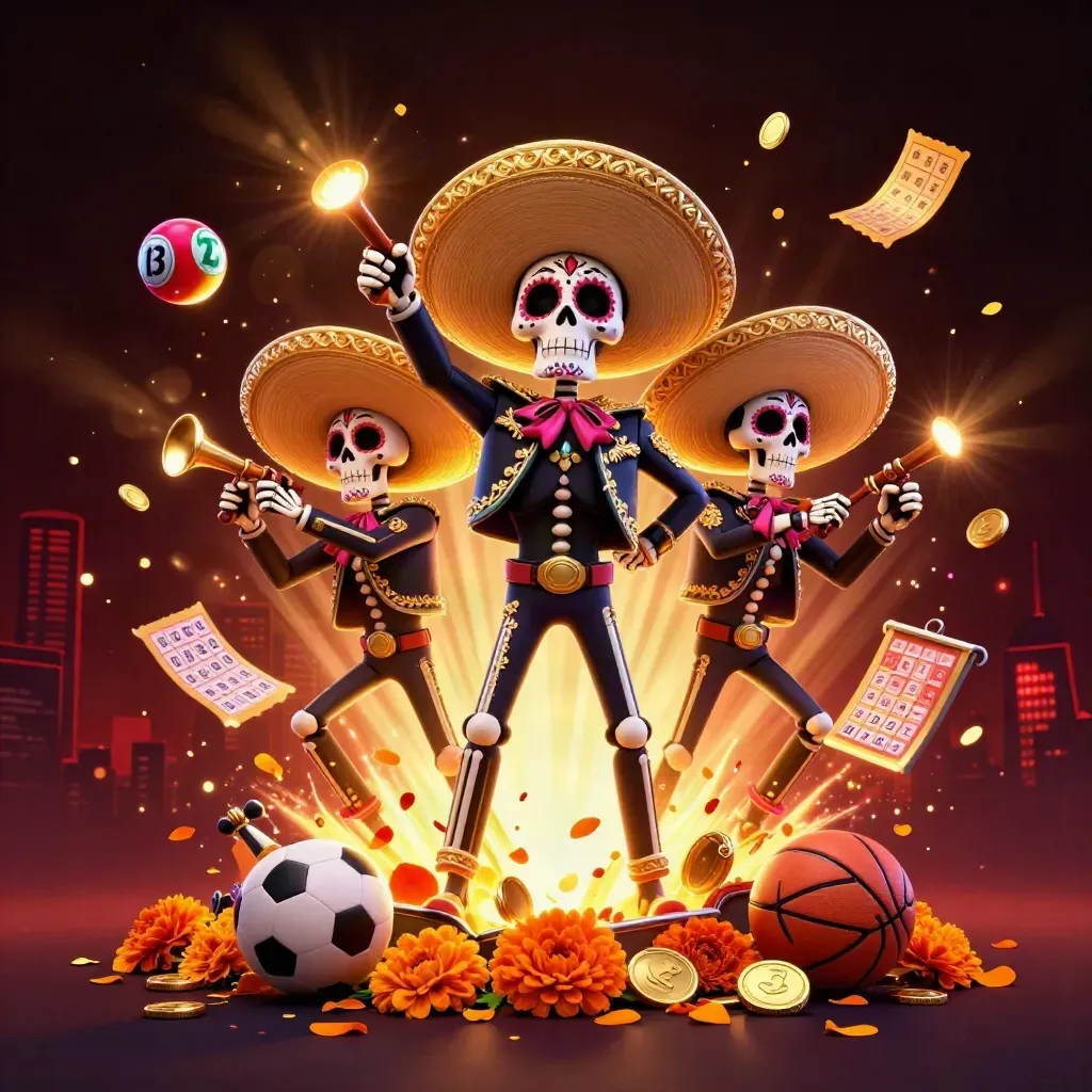 Skeleton mariachi trio amid coins, lottery balls, prize wheel, and fireworks in neon casino light.