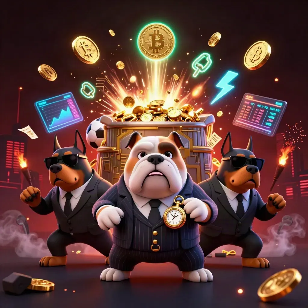 Boss bulldog and two bodyguards amid exploding coins, crypto symbols, and casino effects