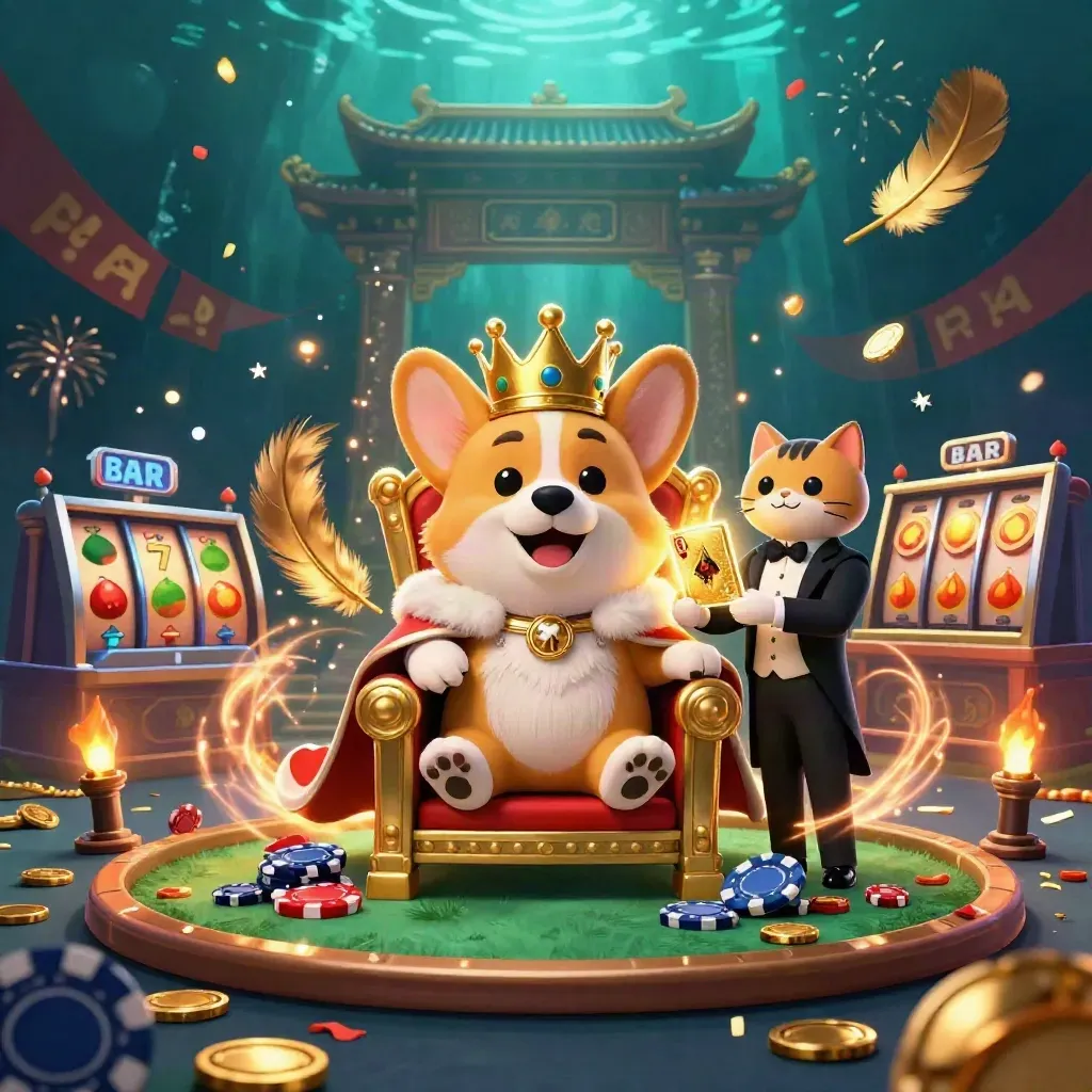 Royal corgi king and cat butler amid casino magic, chips, reels, coins, and fireworks