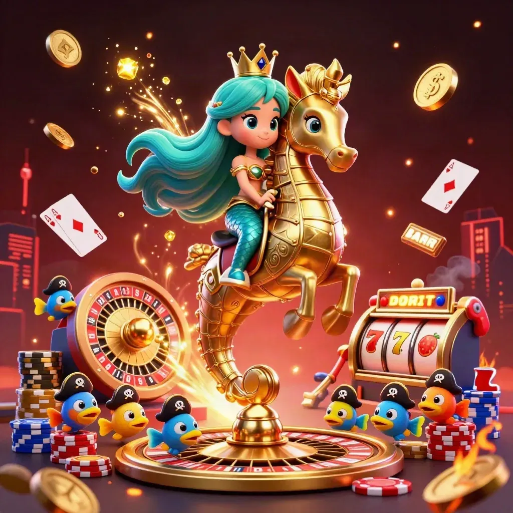 Turquoise-haired mermaid princess on a golden seahorse amid coins, cards, reels, and pirate fish