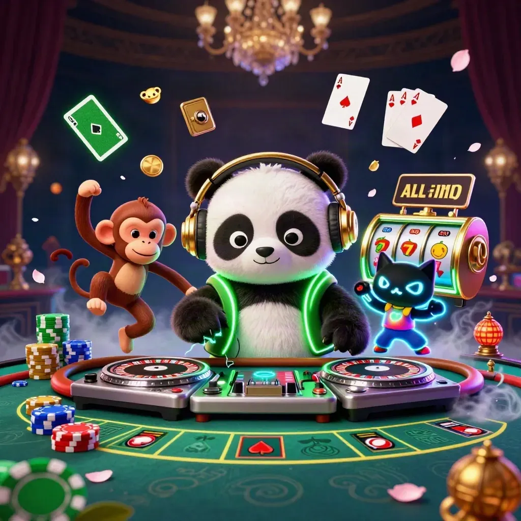DJ panda, dancing monkey and rave kitten amid casino chips, reels and neon effects