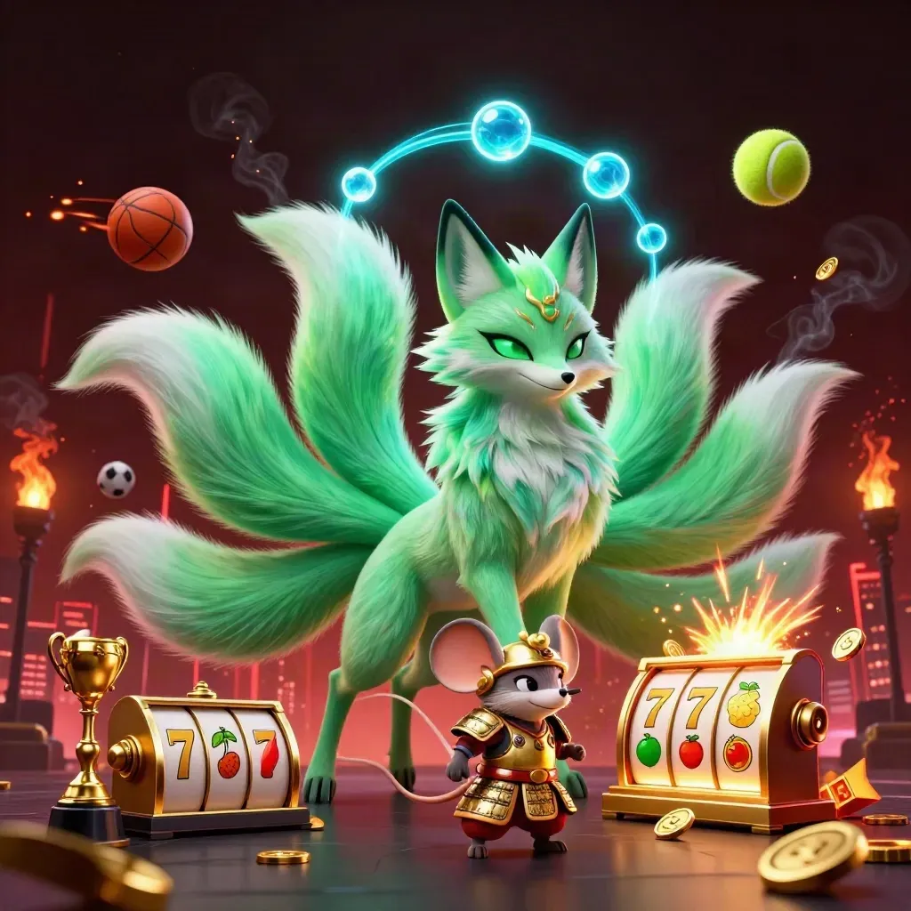 Jade fox spirit, gold samurai mouse, flying sports balls, coins, and casino lights on a dark neon backdrop.