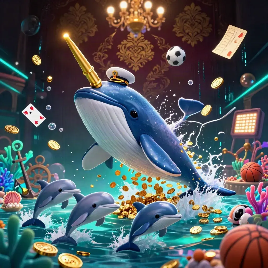Whale captain, narwhal, dolphins, coins, cards, coral, neon casino effects