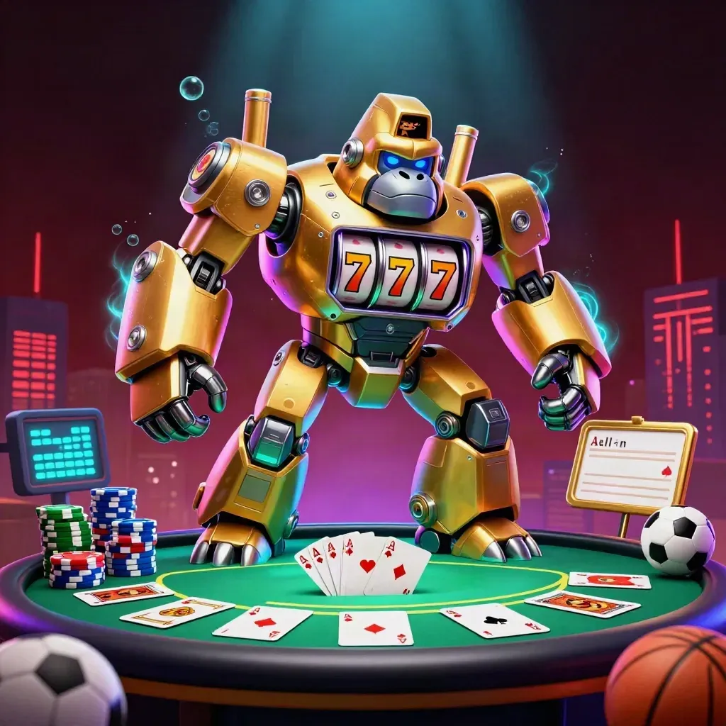 Golden gorilla slot mech with monkey pilot, poker chips, cards, and neon casino glow.