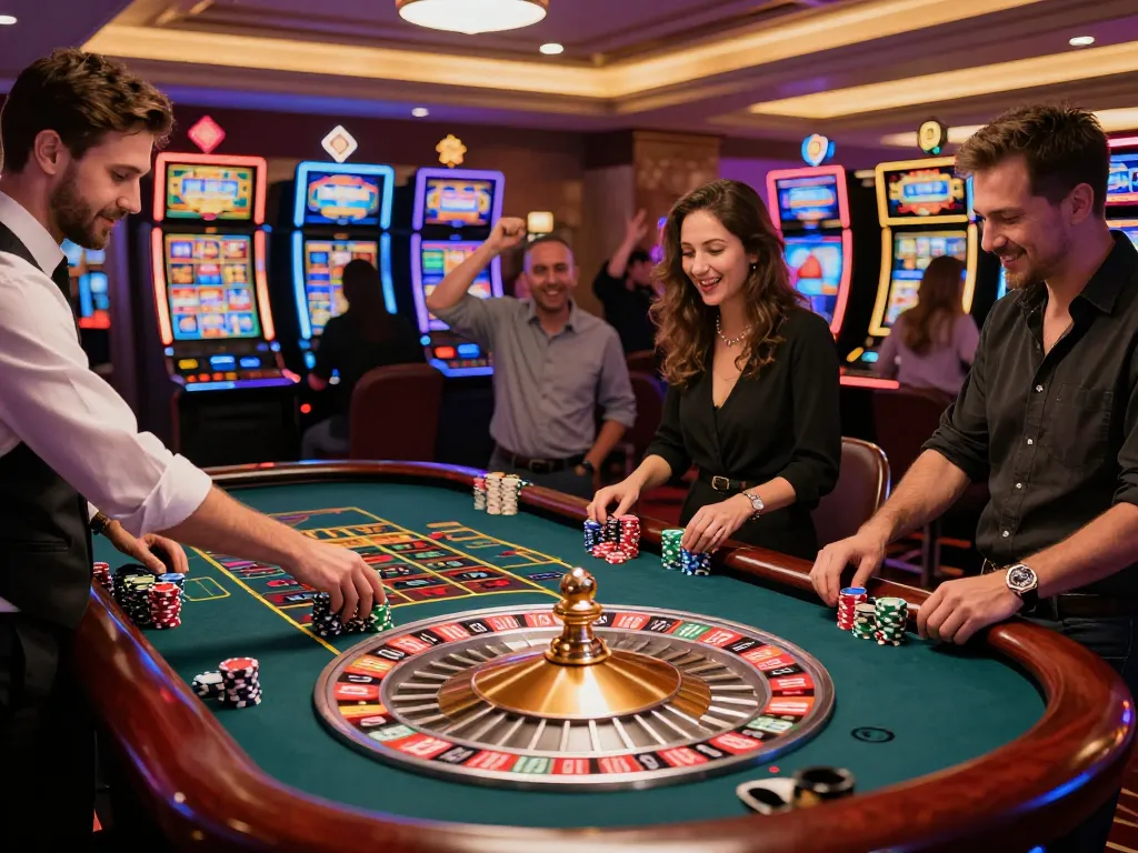 Pemain memasang taruhan di meja roulette yang meriah selama sesi permainan master88 yang mendebarkan di kasino mewah.