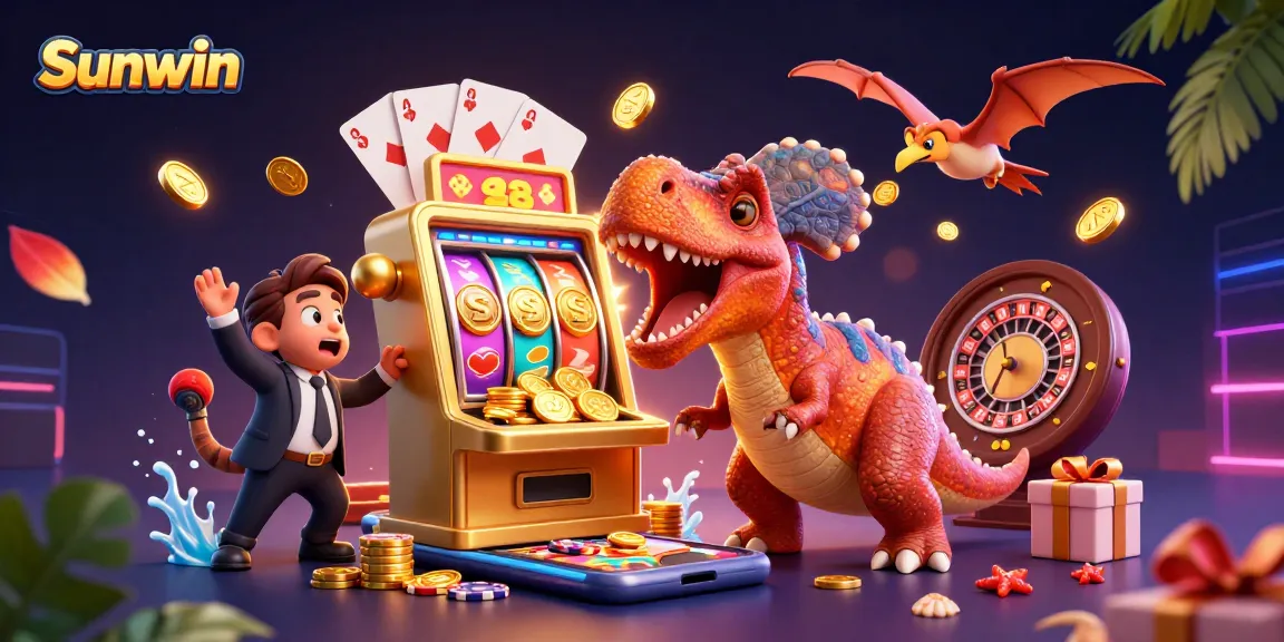 Sunwin jackpot coins erupting in an exciting casino scene, showcasing unique characters and lively gambling elements.