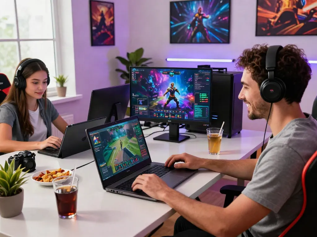 A80 online gaming community scene with diverse players using laptops and tablets, vibrant game graphics, and lively atmosphere.