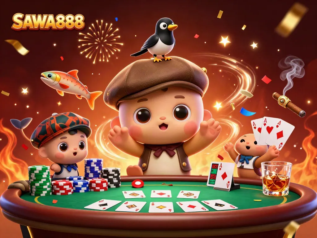 Join the fun at SAWA888 with a vibrant poker scene featuring cartoon baby Nessie and friends.