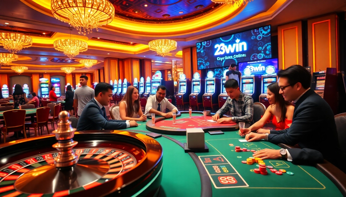 Players enjoying an exciting game at the luxury 23win casino, featuring poker tables and roulette wheels.