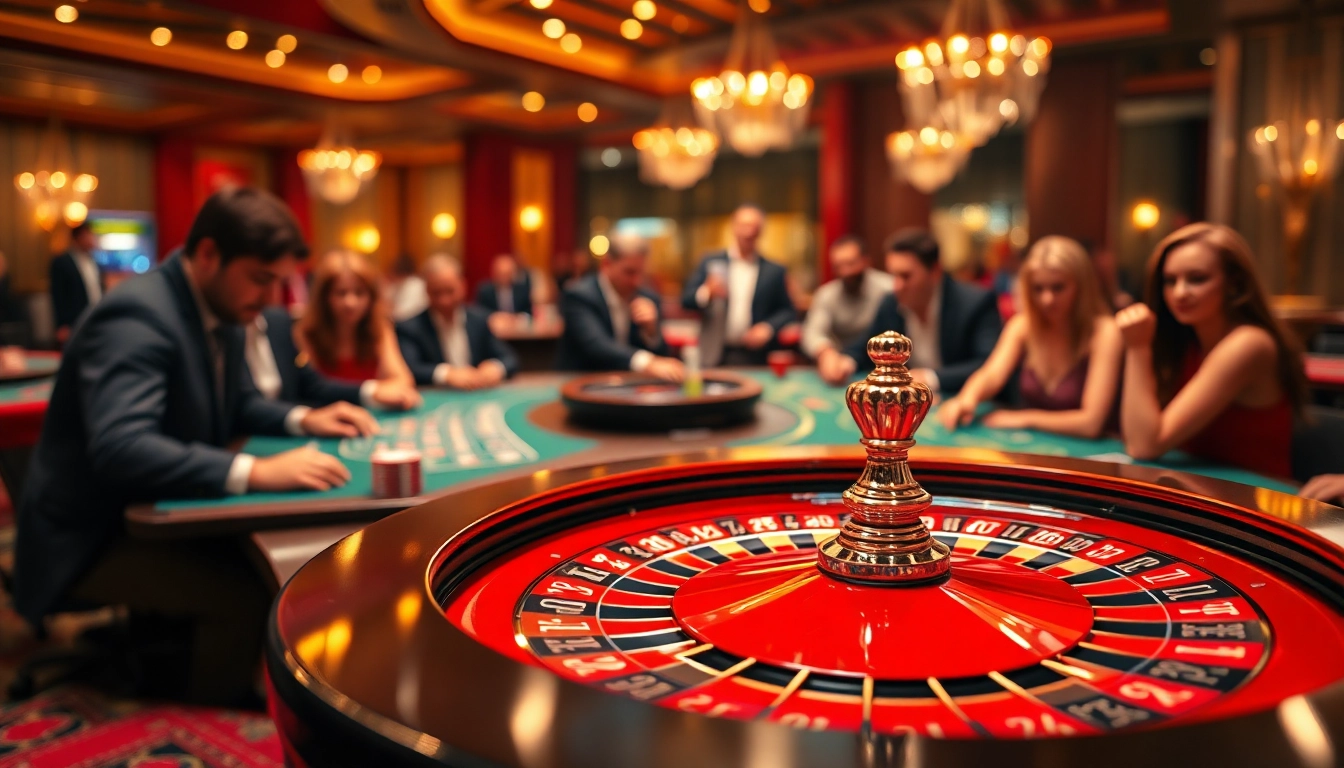 Erleben Sie die Aufregung von casinospielen.de an einem glamourösen Roulette-Tisch mit neugierigen Spielern.