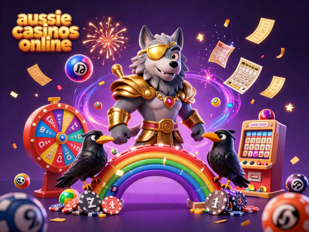 Engage with Aussie casinos online featuring dynamic illustrations of Odin, lottery balls, and festive casino elements.