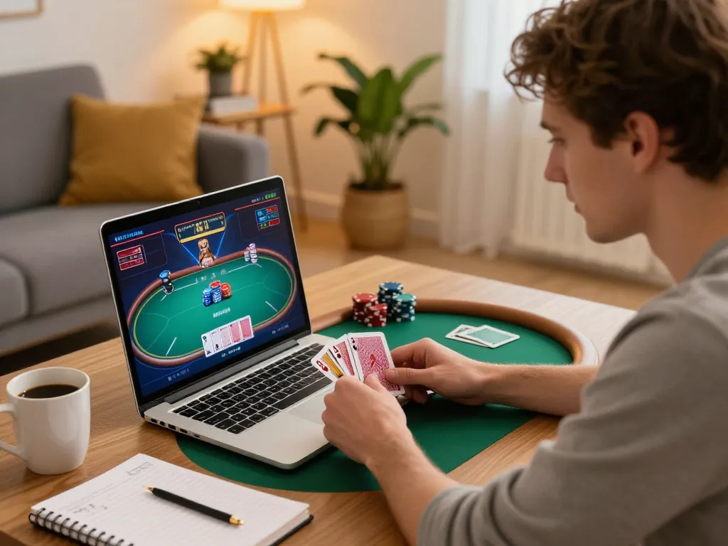 An engaged player managing a winning hand in an online casino environment at home using casinosscope strategies.