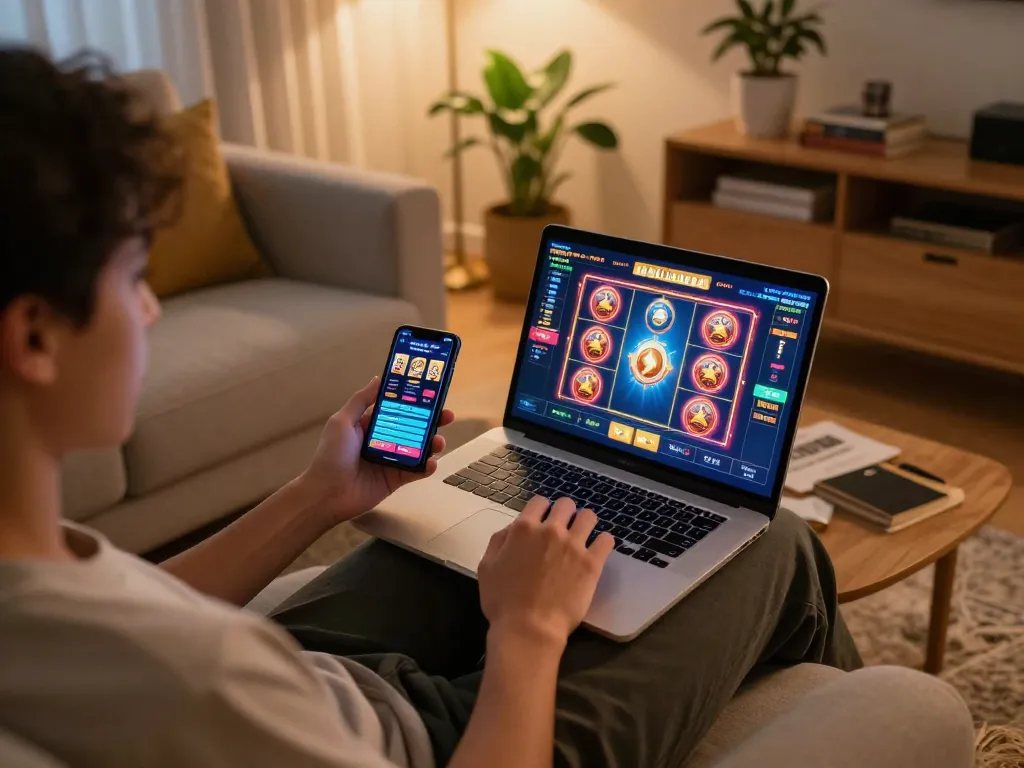 A player enjoys aman788 gaming experience on their laptop at home with a cozy setup.