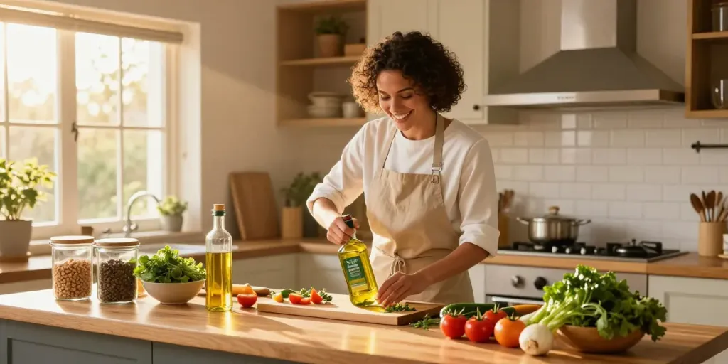 Memasak sehat dengan merdeka123 di dapur yang cerah dan hangat.