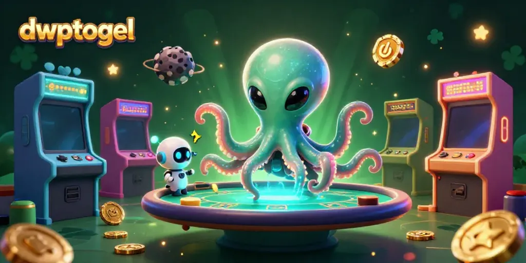 dwptogel menghadirkan permainan kasino futuristik dengan karakter alien dan robot di meja poker holografis