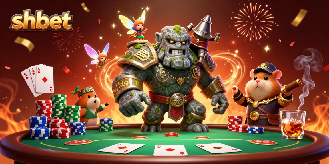 Engage with shbet’s exciting poker action featuring a magical golem and knight!