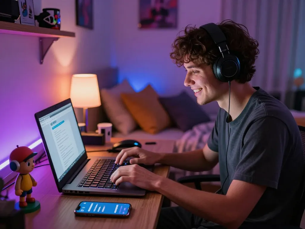 Engaging with nsfw ai character on a laptop in a cozy bedroom.