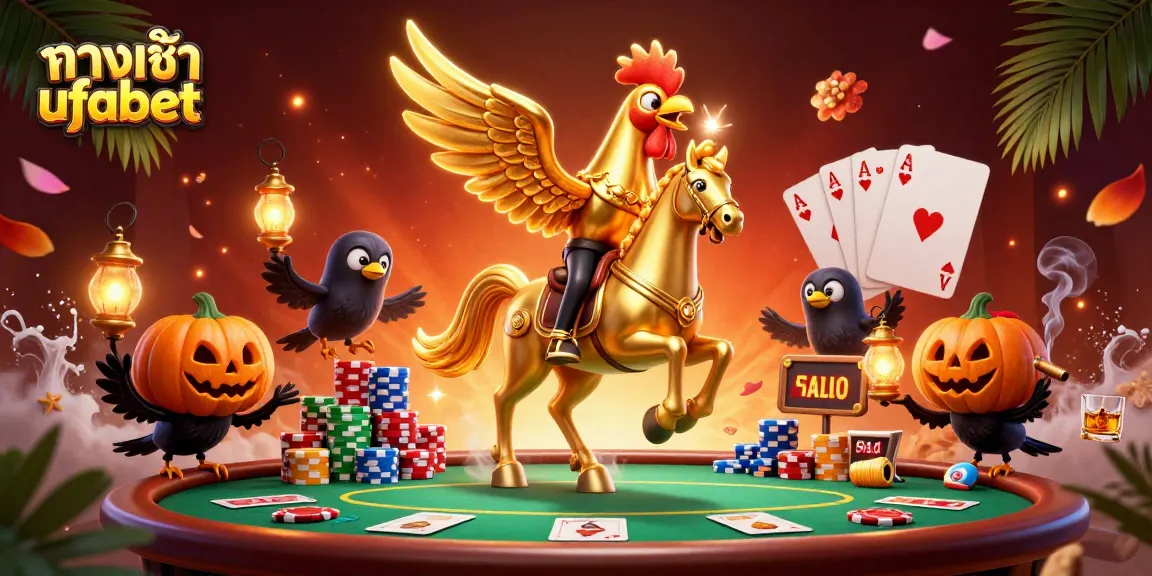 Engage with ทางเข้า ufabet in a magical casino scene featuring a golden rooster and poker elements.