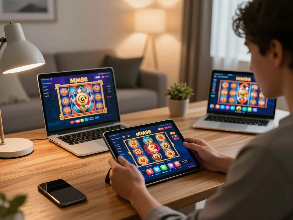 Player enjoying MM88's mobile gaming app in a cozy setting for strategic online gambling.