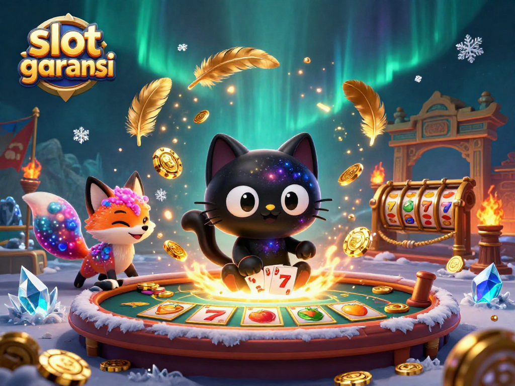 Spin and win with slot garansi as cosmic characters pull in golden chips and cards in a vibrant casino.