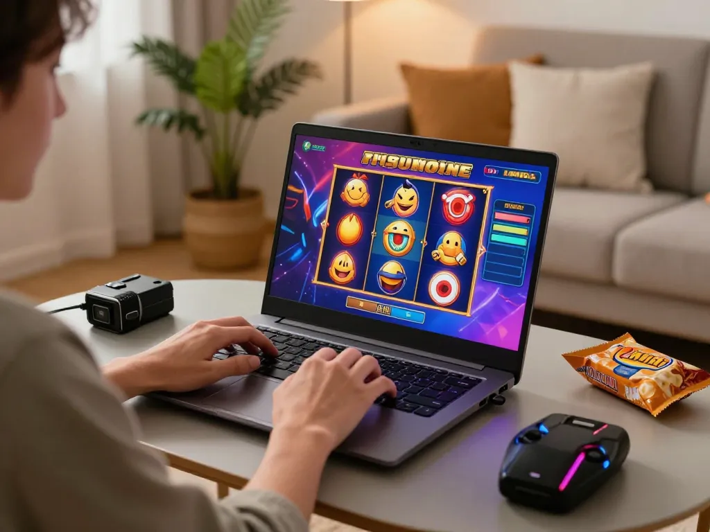 Player enjoying slot online on a laptop with colorful graphics in a cozy home setting