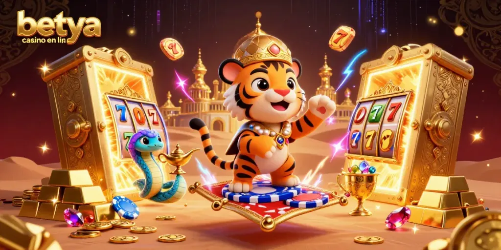 Experience the excitement of betya casino en ligne with this vibrant 3D illustration showcasing slot games and treasures.