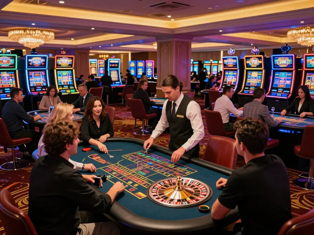 KJC betting excitement at roulette tables with players engaged, vibrant casino lighting