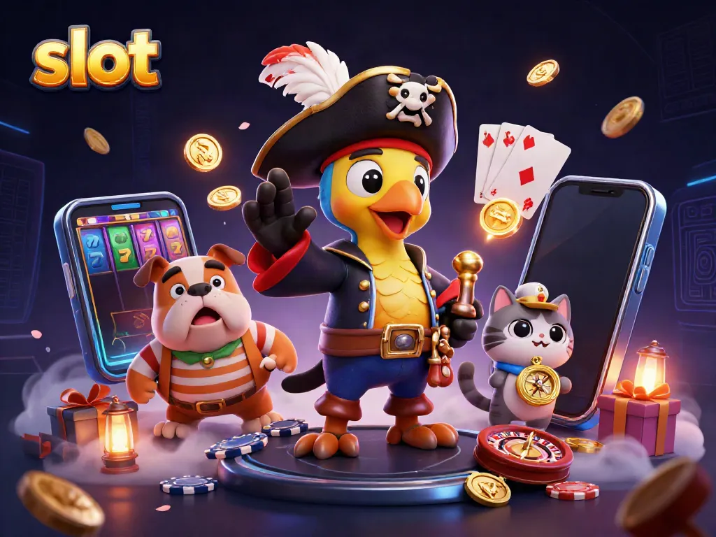 Menangkan slot dengan ilustrasi digital 3D yang menampilkan karakter kasino penuh warna dan simbol permainan.