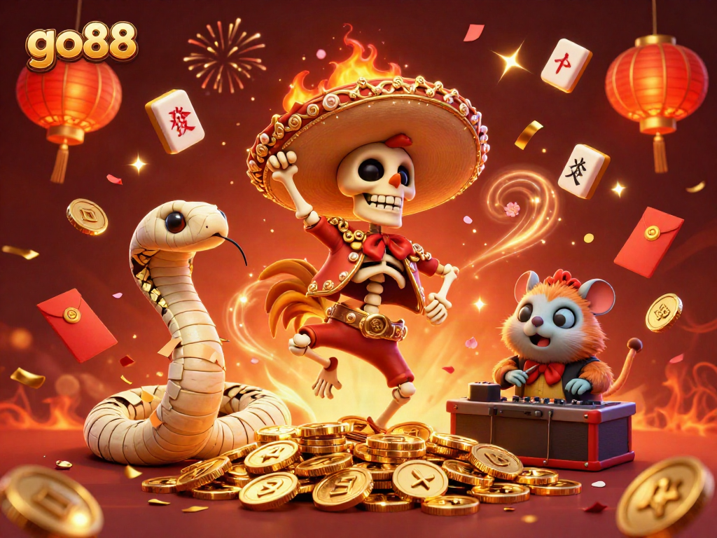 Celebrate with go88: a festive 3D scene featuring colorful casino-themed characters and elements.