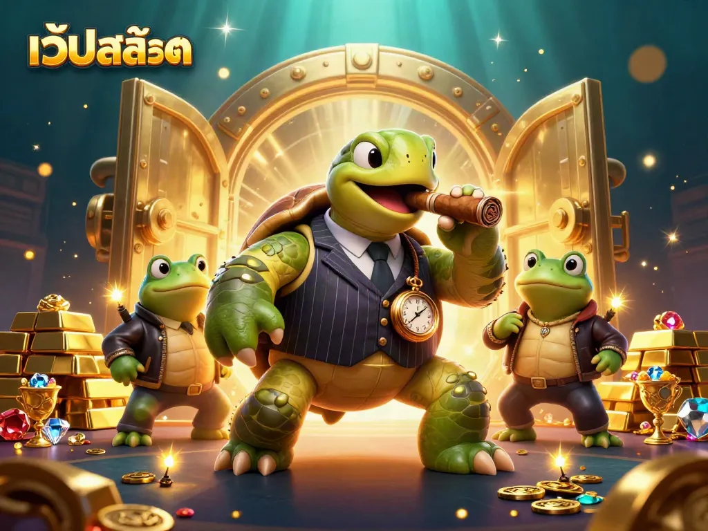 เว็บสล็อต เสนอภาพการเล่นเกมที่น่าตื่นเต้นด้วยเต่าจระเข้ในชุดแฟนซีและมีอัญมณีทองคำกระจายอยู่ทั่ว