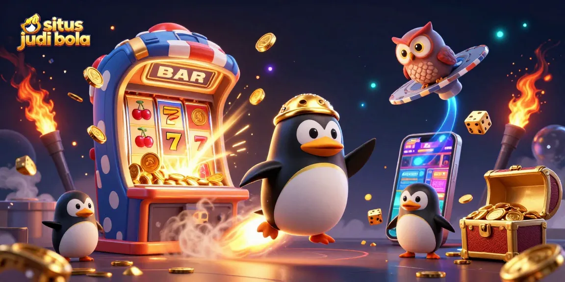Situs judi bola illustration showcasing a golden penguin in space, surrounded by dynamic casino elements.