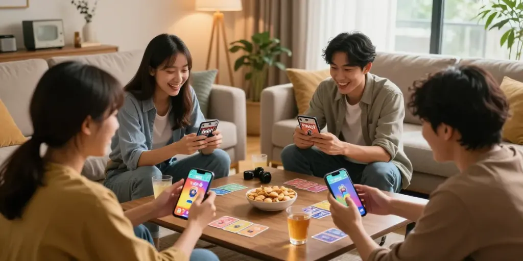 Friends enjoying the 3 Patti No1 gaming app in a lively living room setting, capturing the excitement of multiplayer card gaming.