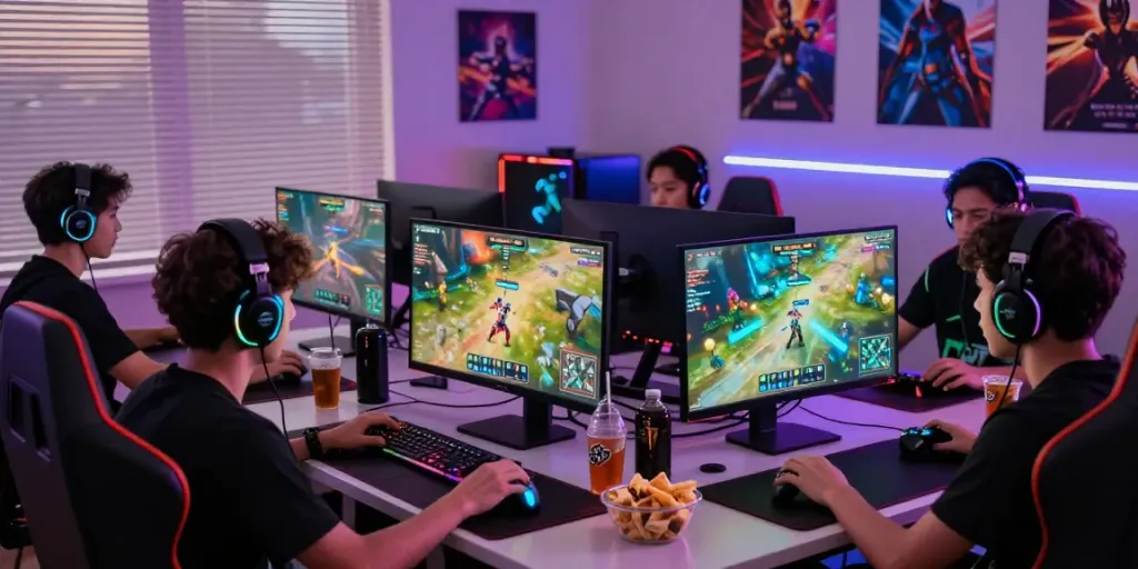 Gamers berkumpul di banteng88, bermain dengan peralatan modern dan suasana yang ceria.