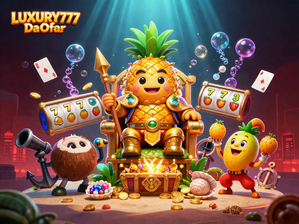 LUXURY777 Daftar mempersembahkan raja nanas emas 3D dikelilingi slot mesin dan peti harta karun