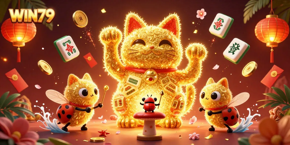 Experience the excitement of WIN79 with a golden lucky cat amidst vibrant casino symbols.