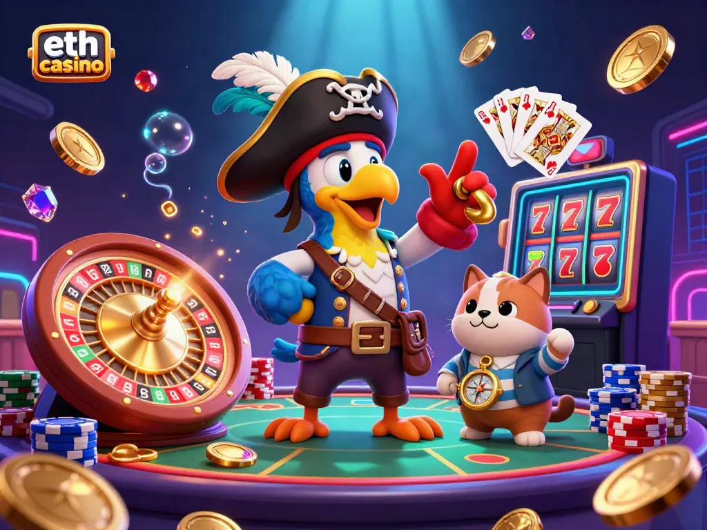 Join the fun at eth casino with a vibrant scene featuring a pirate captain and treasure amidst golden coins and poker chips.