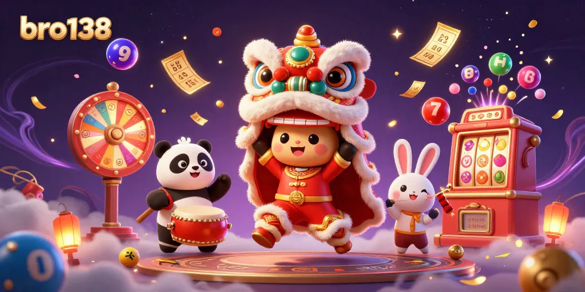 Join the thrill of bro138 with a lively scene featuring a dragon dance, colorful slots, and dynamic lottery elements.